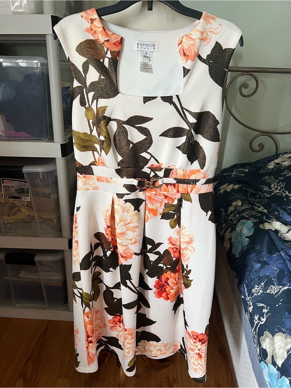 Enfocus Studio White Dress with Peach Floral Print and Olive Leaves
